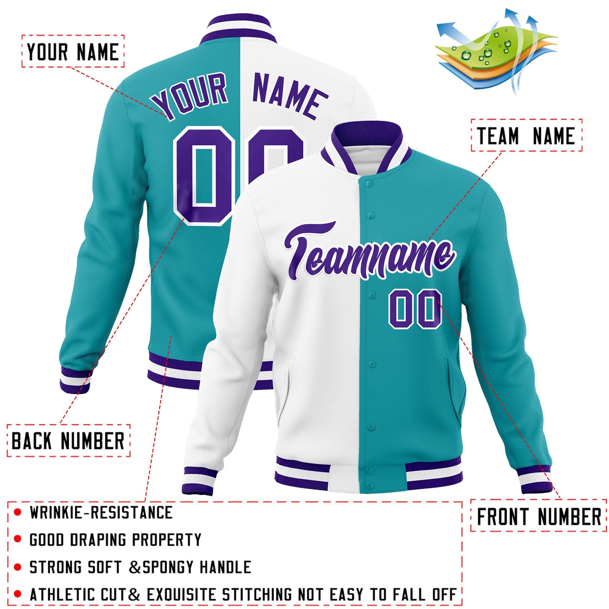 Custom White Aqua-Purple Varsity Full-Snap Letterman Two Tone Split Fashion Jacket