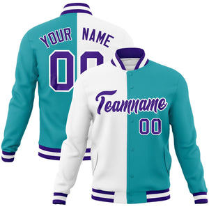 Custom White Aqua-Purple Varsity Full-Snap Letterman Two Tone Split Fashion Jacket