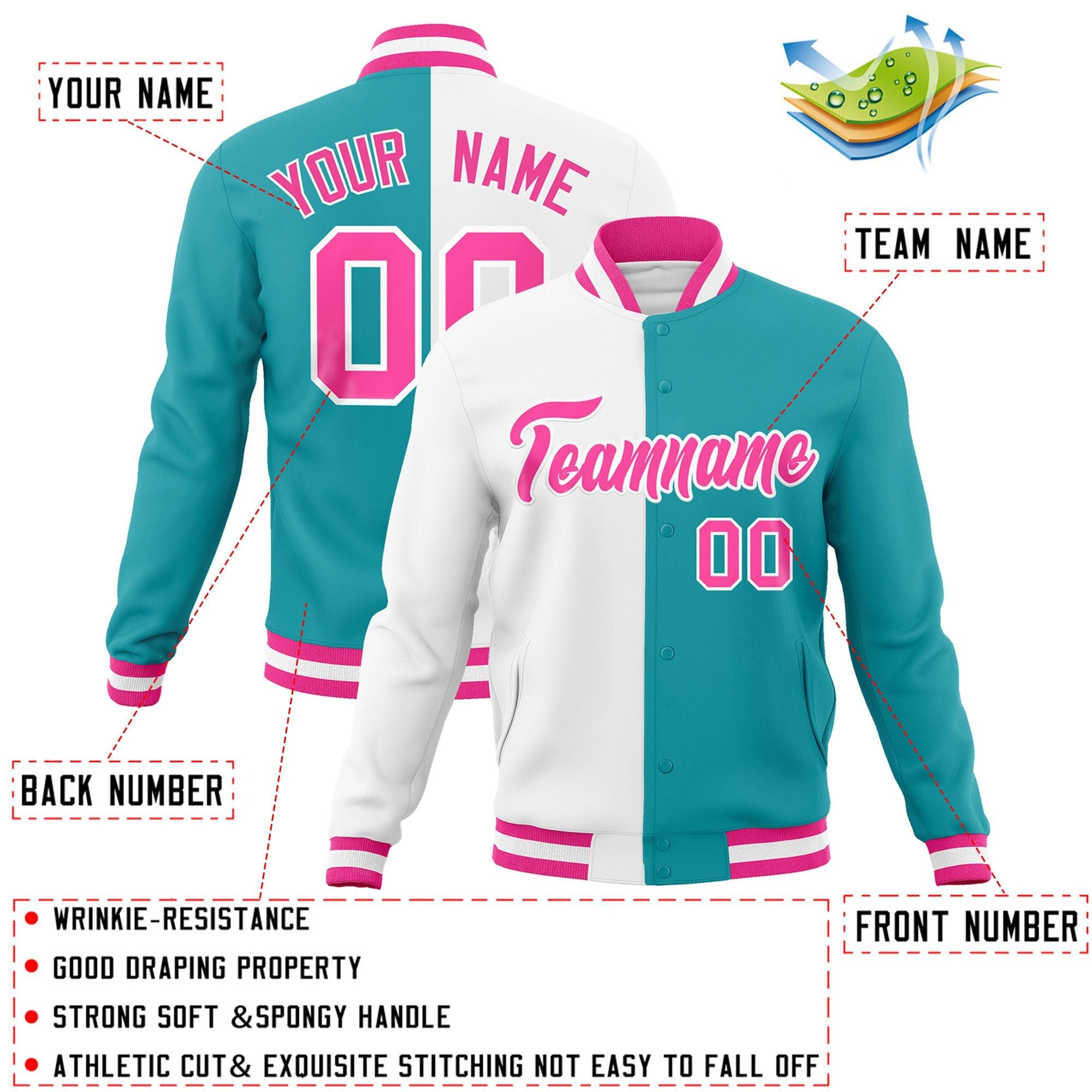 Custom White Aqua-Pink Varsity Full-Snap Letterman Two Tone Split Fashion Jacket