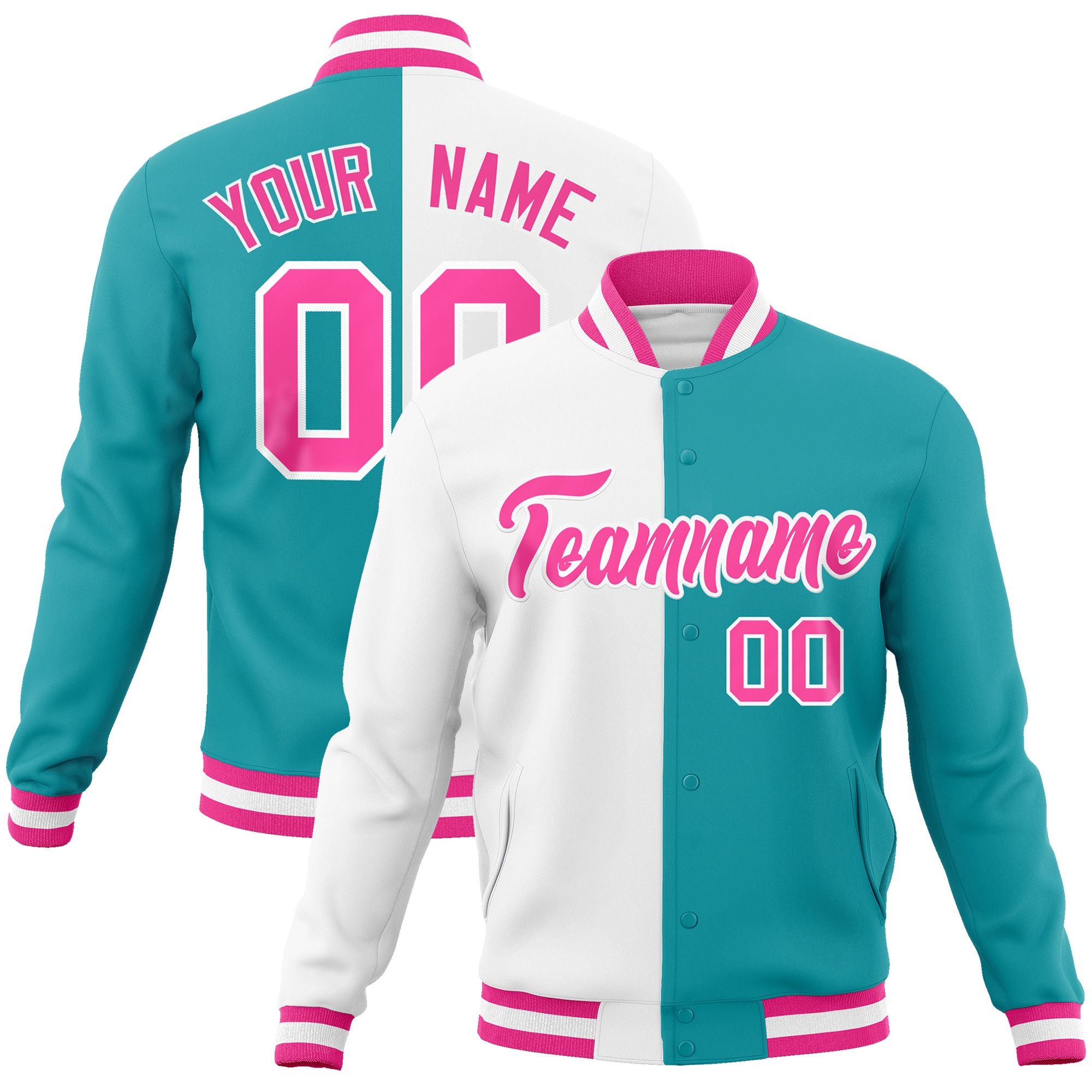 Custom White Aqua-Pink Varsity Full-Snap Letterman Two Tone Split Fashion Jacket