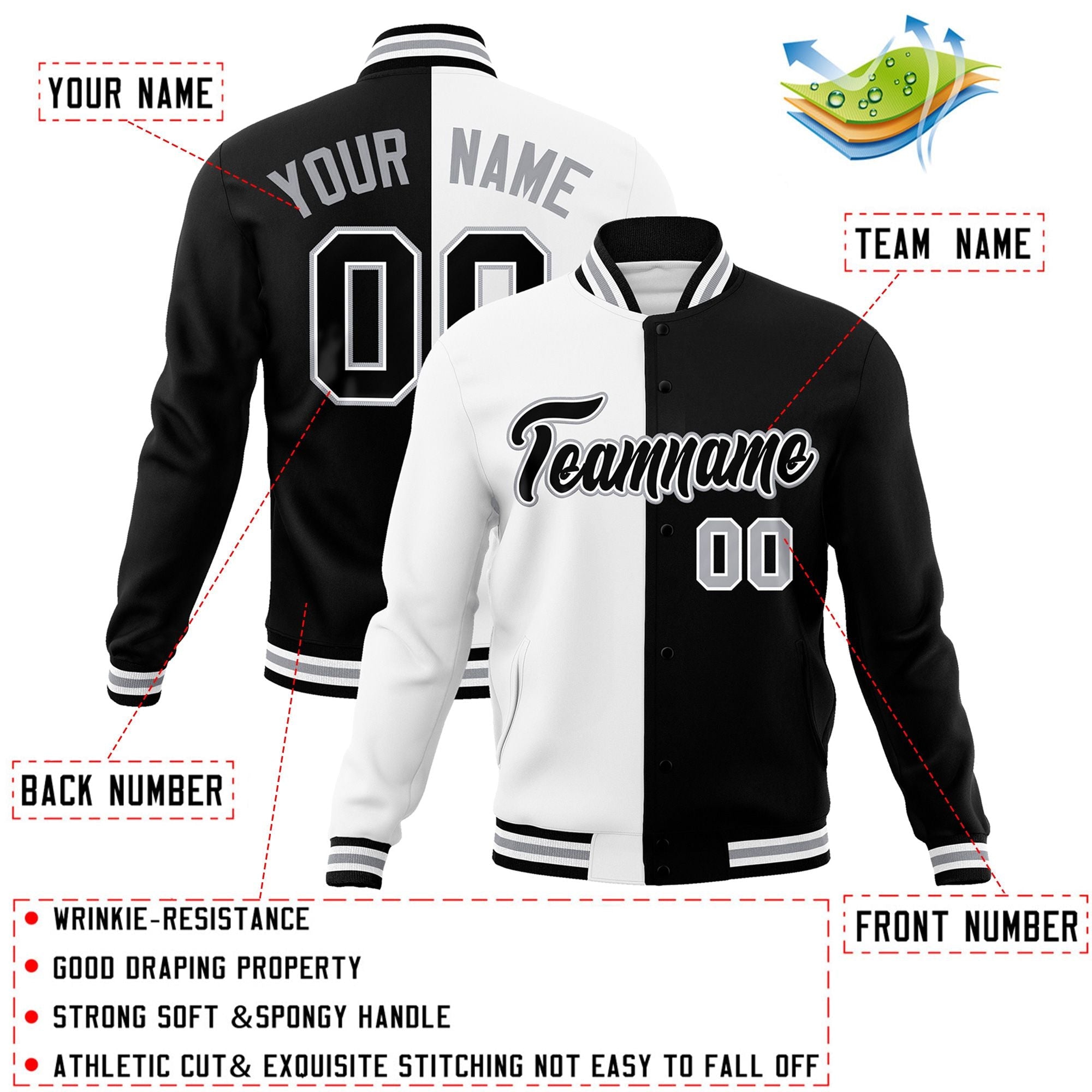 Veste de mode fendue bicolore personnalisée blanc noir-noir Varsity Full-Snap Letterman