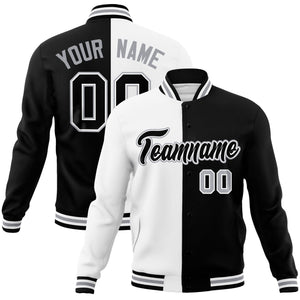 Custom White Black-Black Varsity Full-Snap Letterman Two Tone Split Fashion Jacket