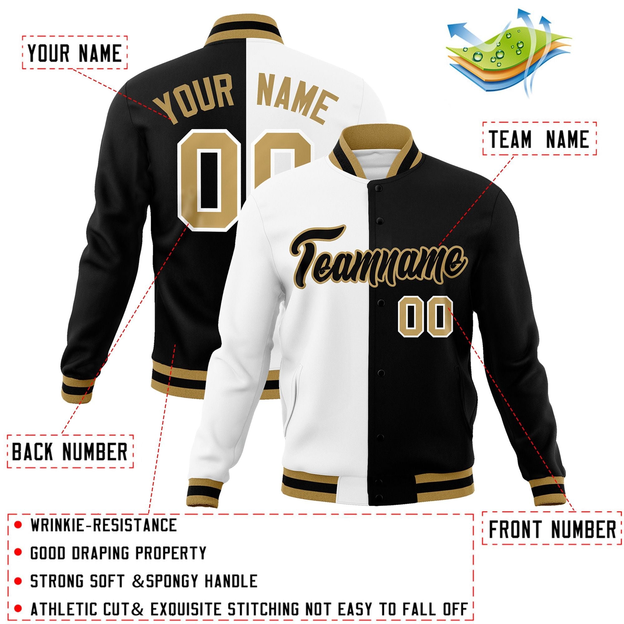 Veste de mode fendue bicolore personnalisée blanc noir-noir Varsity Full-Snap Letterman