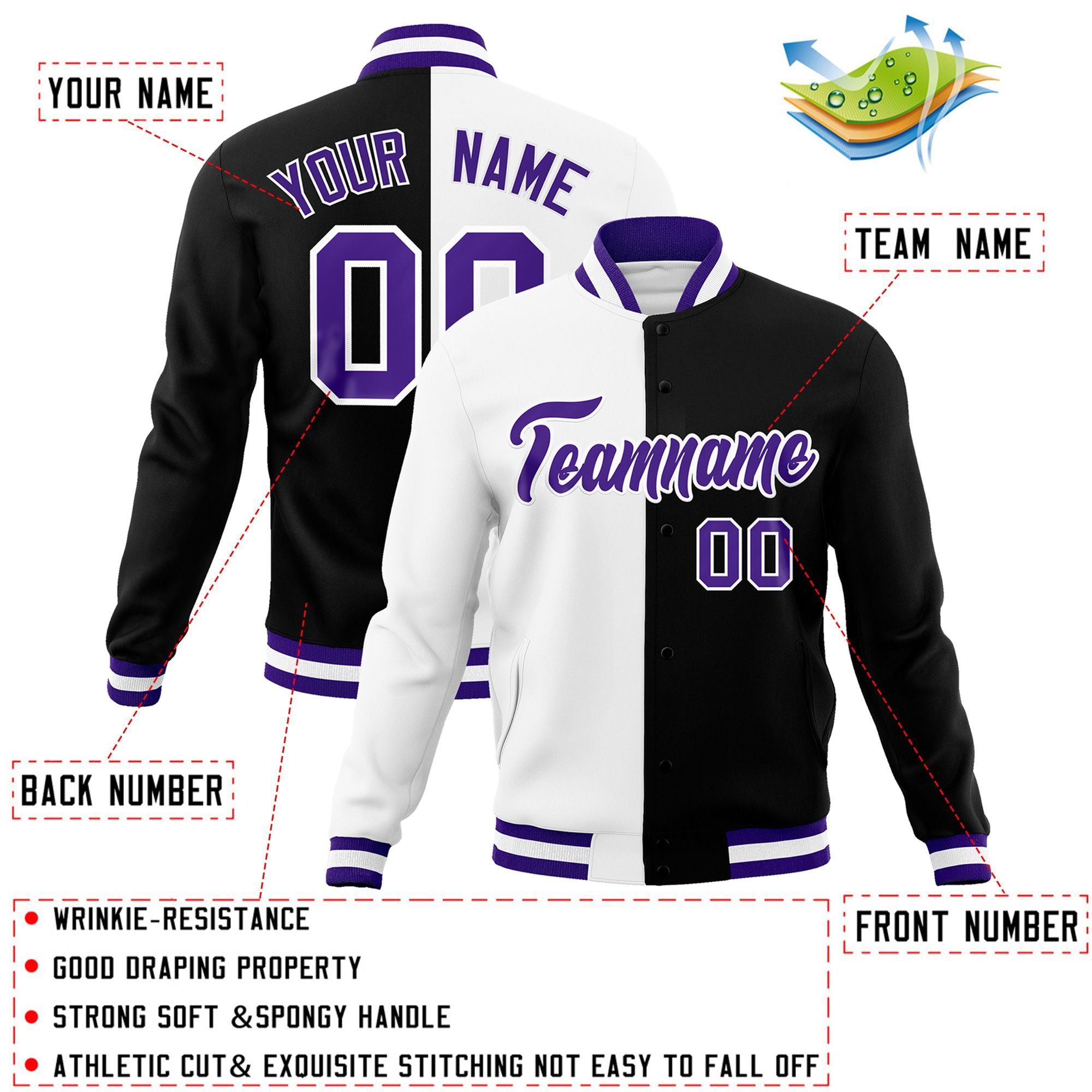 Custom White Black-Purple Varsity Full-Snap Letterman Two Tone Split Fashion Jacket