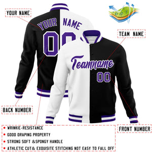 Veste de mode fendue bicolore personnalisée blanc noir-violet Varsity Full-Snap Letterman