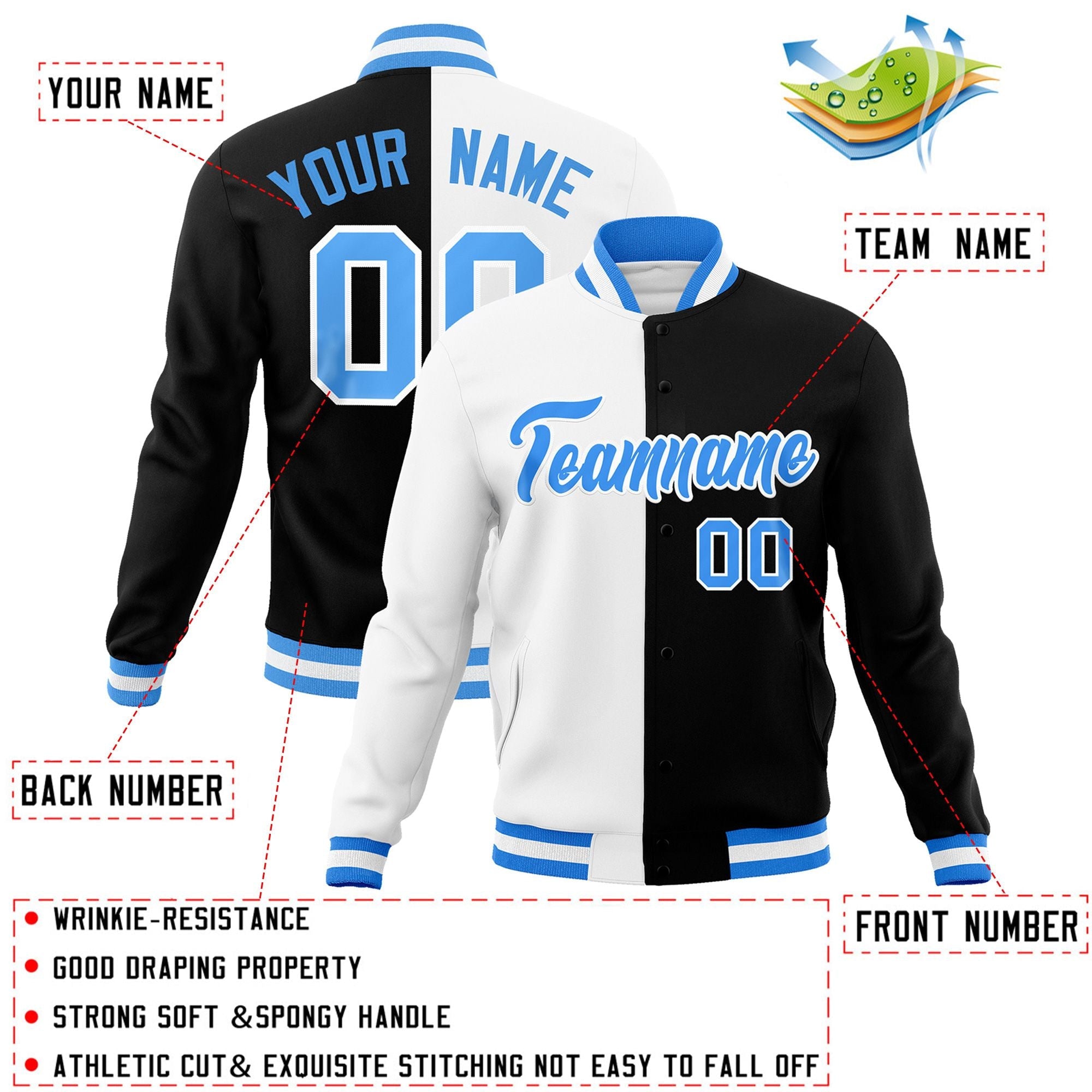 Custom White Black-Powder Blue Varsity Full-Snap Letterman Two Tone Split Fashion Jacket