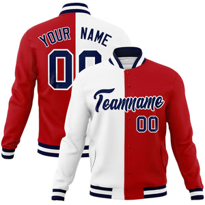 Custom White Red-Navy Varsity Full-Snap Letterman Two Tone Split Fashion Jacket