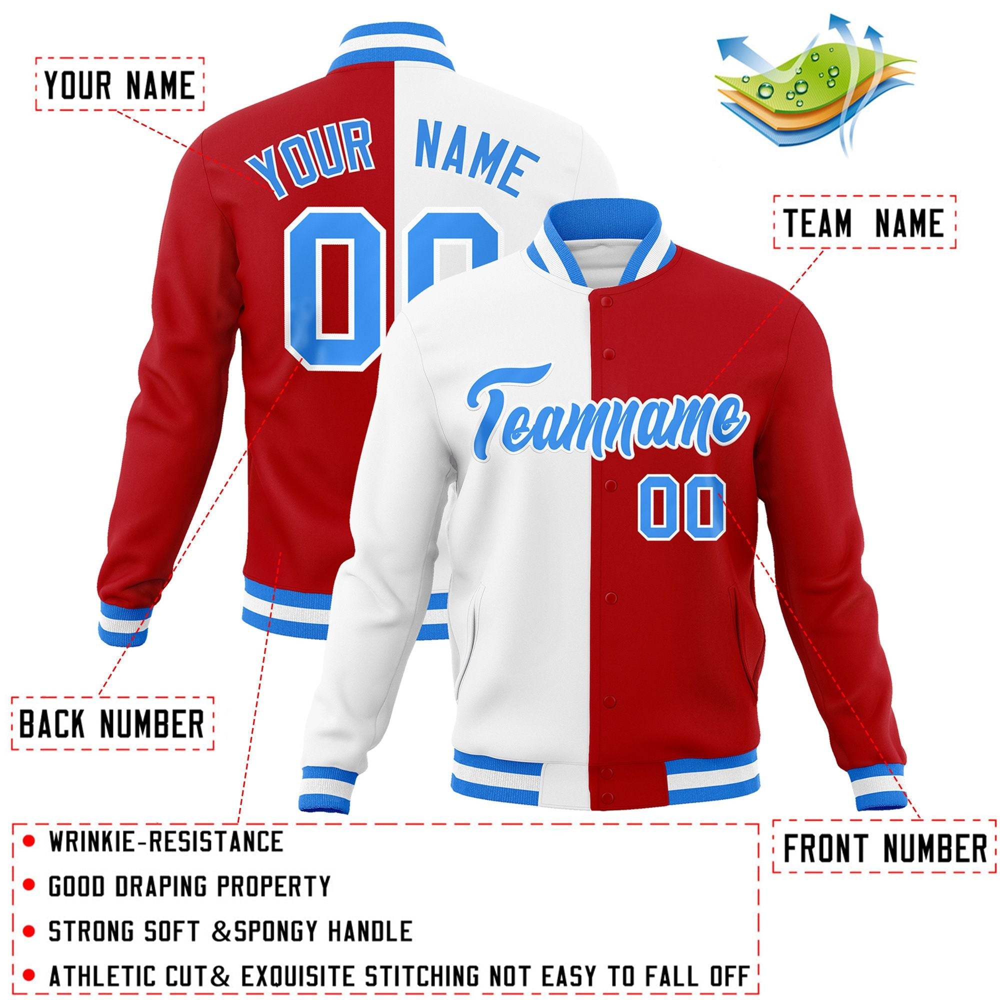 Veste de mode fendue bicolore personnalisée blanc rouge-bleu poudre Varsity Full-Snap Letterman