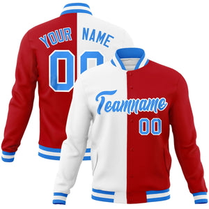 Custom White Red-Powder Blue Varsity Full-Snap Letterman Two Tone Split Fashion Jacket