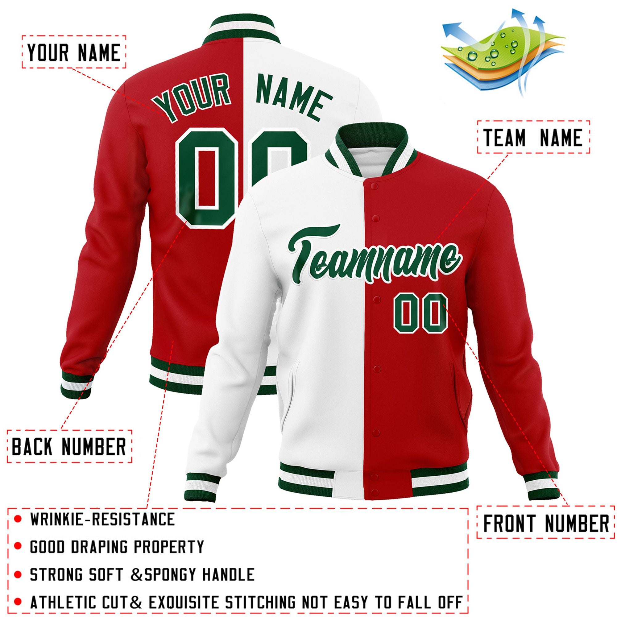 Veste de mode fendue bicolore personnalisée blanc rouge-vert Varsity Full-Snap Letterman