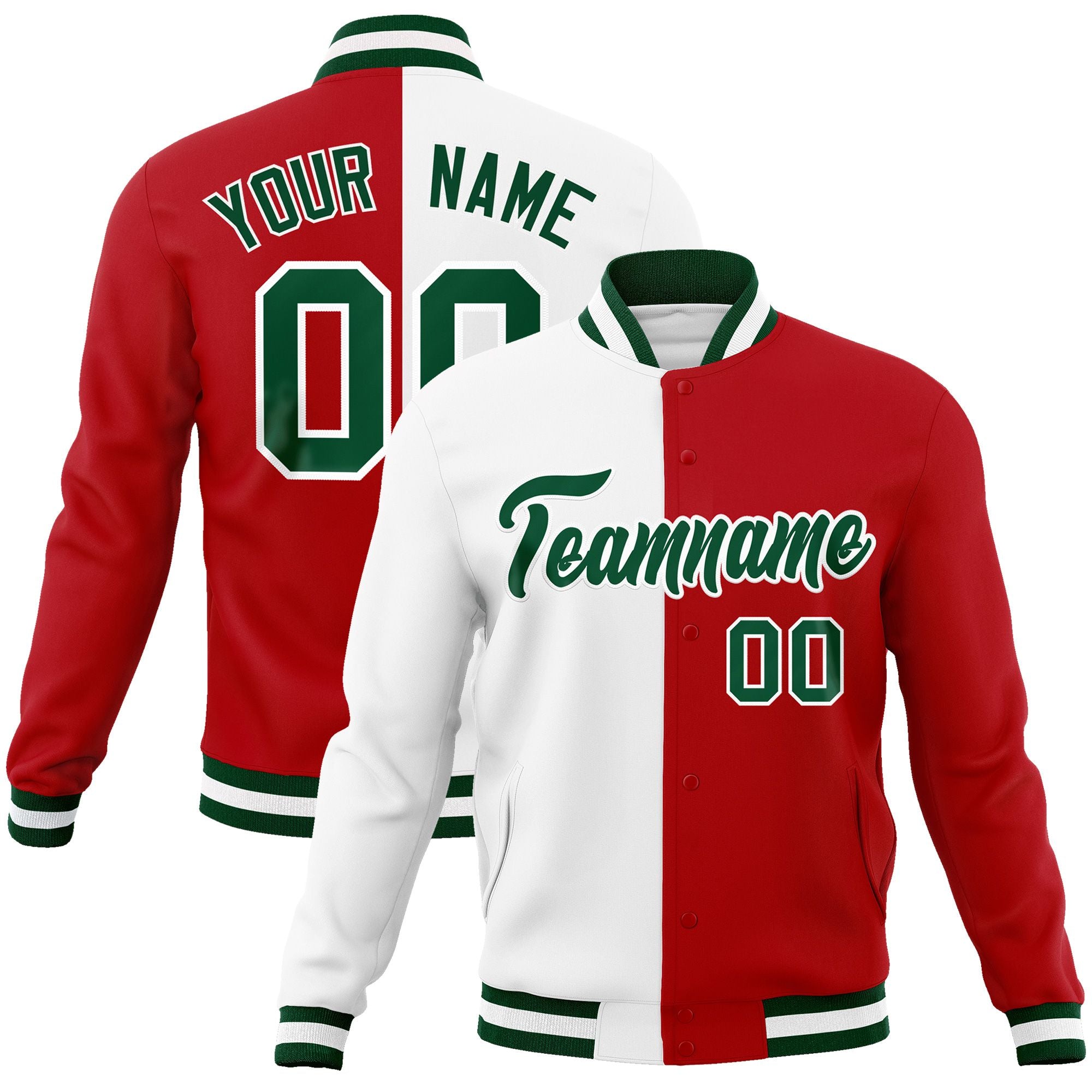 Custom White Red-Green Varsity Full-Snap Letterman Two Tone Split Fashion Jacket