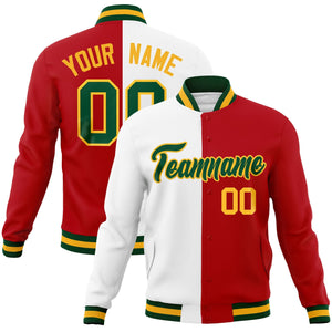 Custom White Red-Green Varsity Full-Snap Letterman Two Tone Split Fashion Jacket