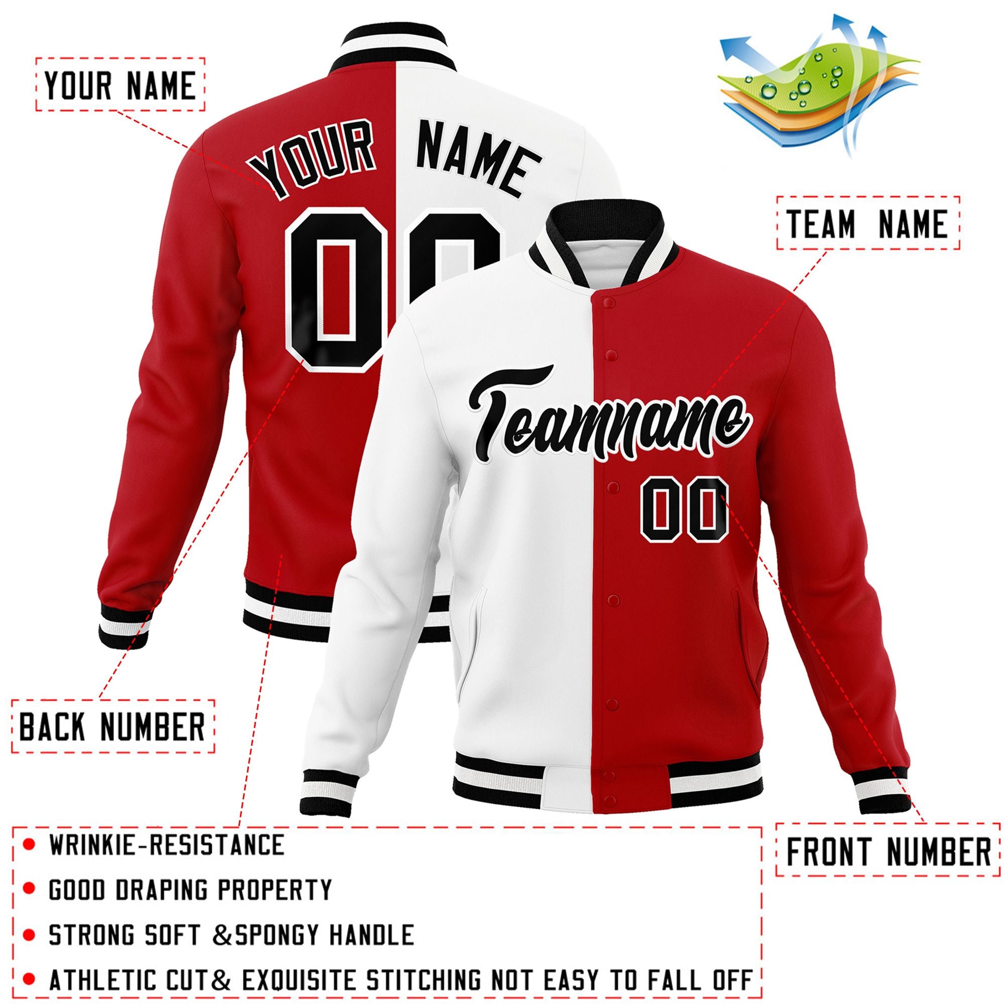 Veste de mode fendue bicolore personnalisée blanc rouge-noir Varsity Full-Snap Letterman