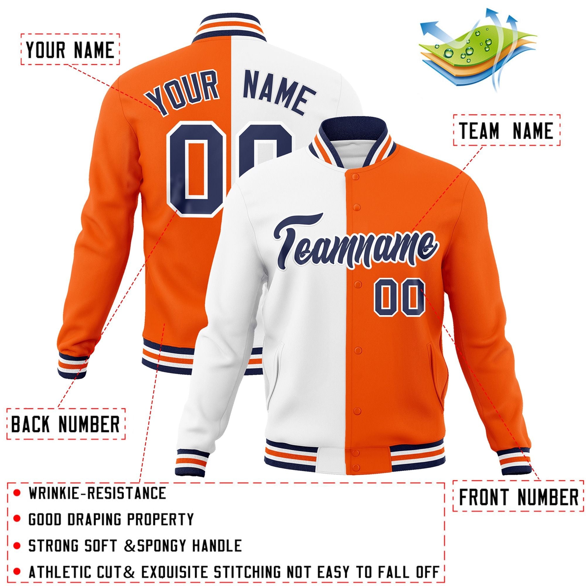 Custom White Orange-Navy Varsity Full-Snap Letterman Two Tone Split Fashion Jacket