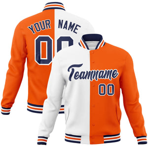 Custom White Orange-Navy Varsity Full-Snap Letterman Two Tone Split Fashion Jacket