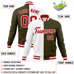 Veste de mode fendue bicolore personnalisée blanc olive-rouge Varsity Full-Snap Letterman