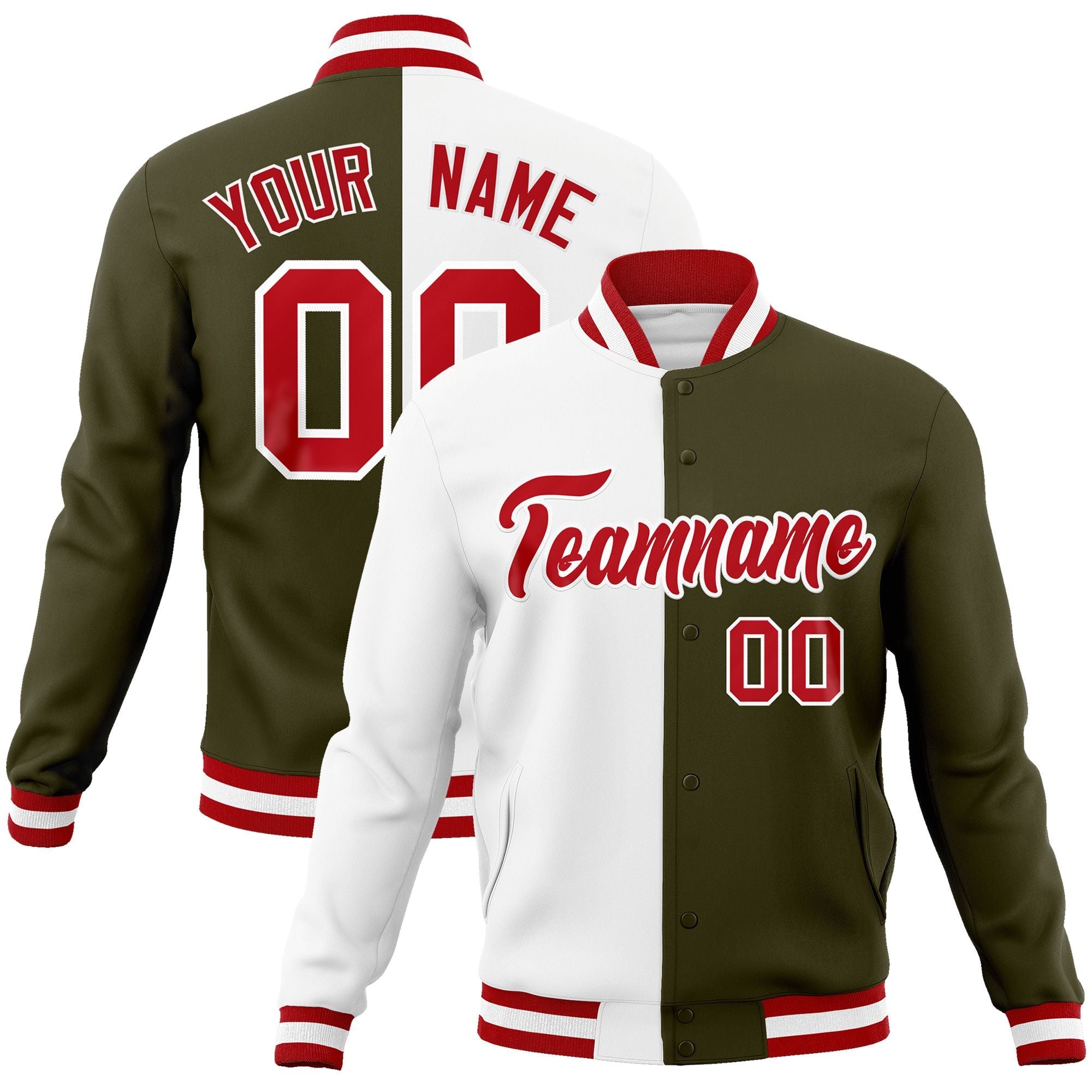 Custom White Olive-Red Varsity Full-Snap Letterman Two Tone Split Fashion Jacket