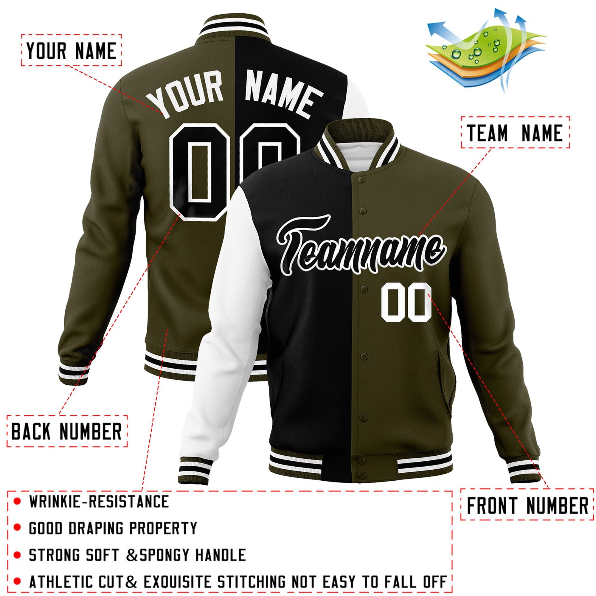 Custom Black Olive-Black Varsity Full-Snap Letterman Two Tone Split Fashion Jacket