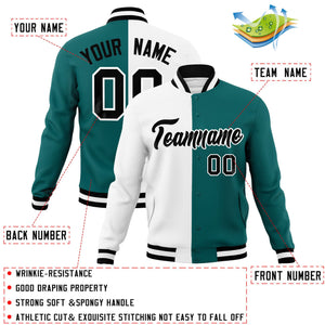 Custom White Aqua-Black Varsity Full-Snap Letterman Veste de mode divisée à deux tons