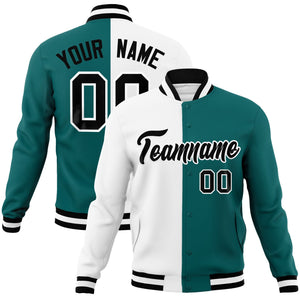 Custom White Aqua-Black Varsity Full-Snap Letterman Two Tone Split Fashion Jacket