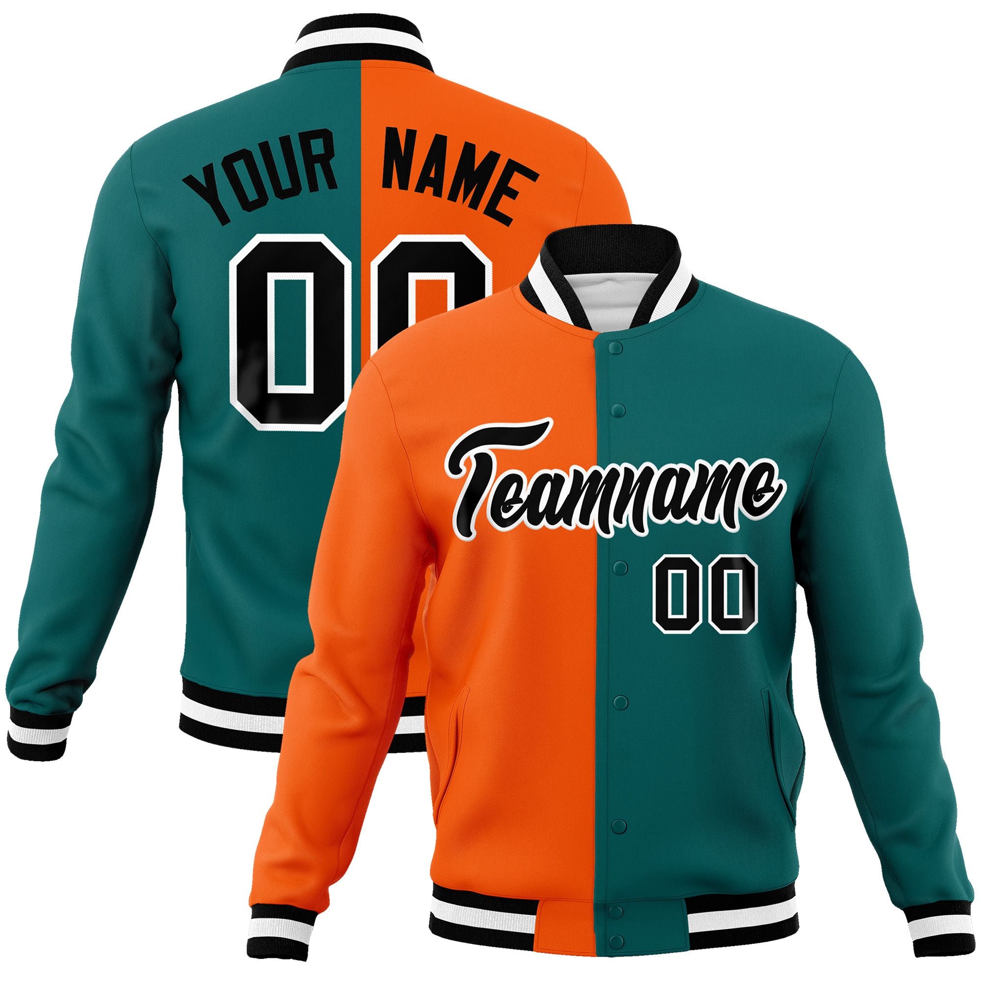 Custom Orange Aqua-Black Varsity Full-Snap Letterman Two Tone Split Fashion Jacket