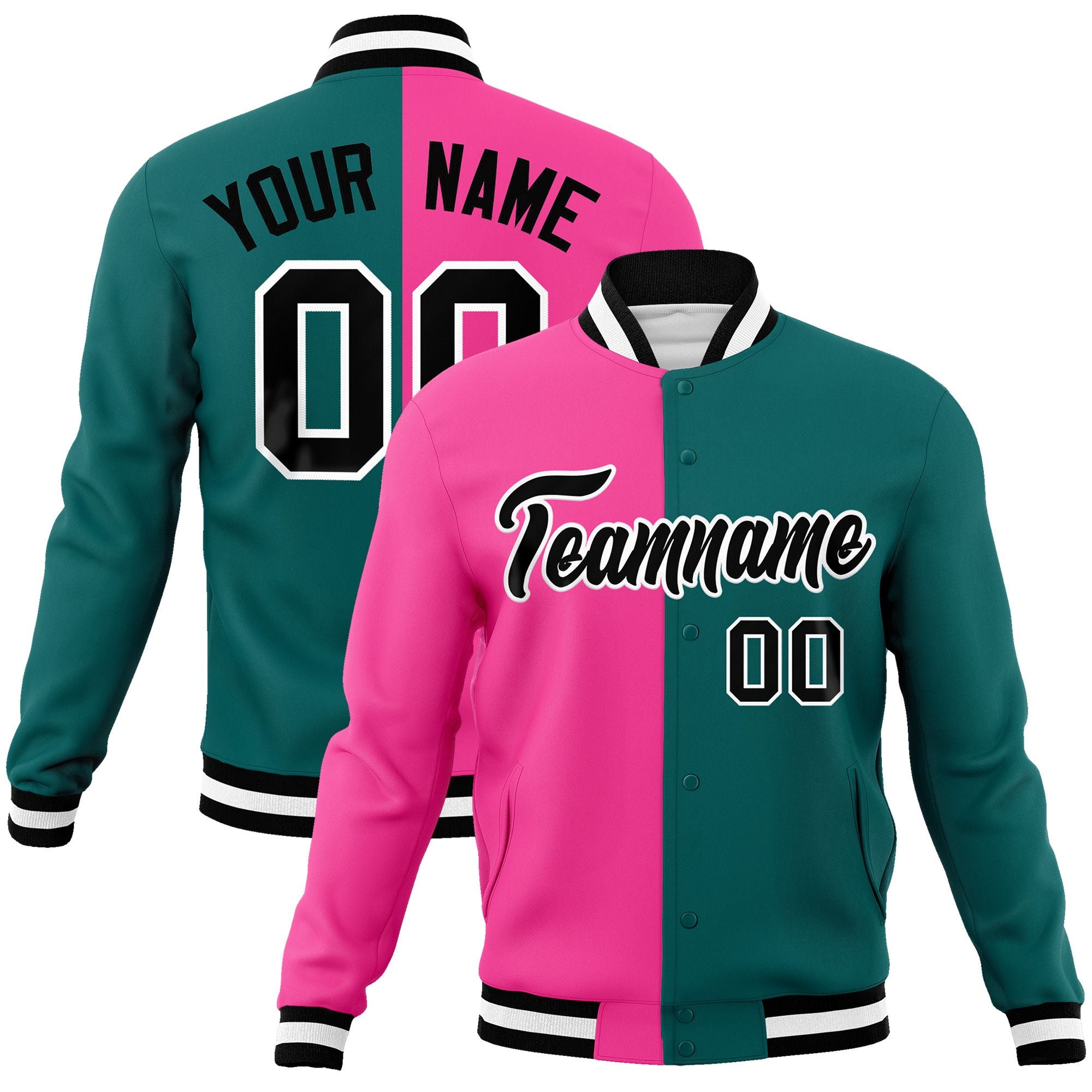 Custom Pink Aqua-Black Varsity Full-Snap Letterman Two Tone Split Fashion Jacket