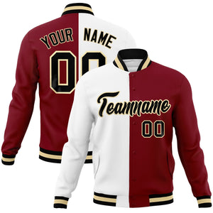 Custom White Crimson-Black Varsity Full-Snap Letterman Two Tone Split Fashion Jacket