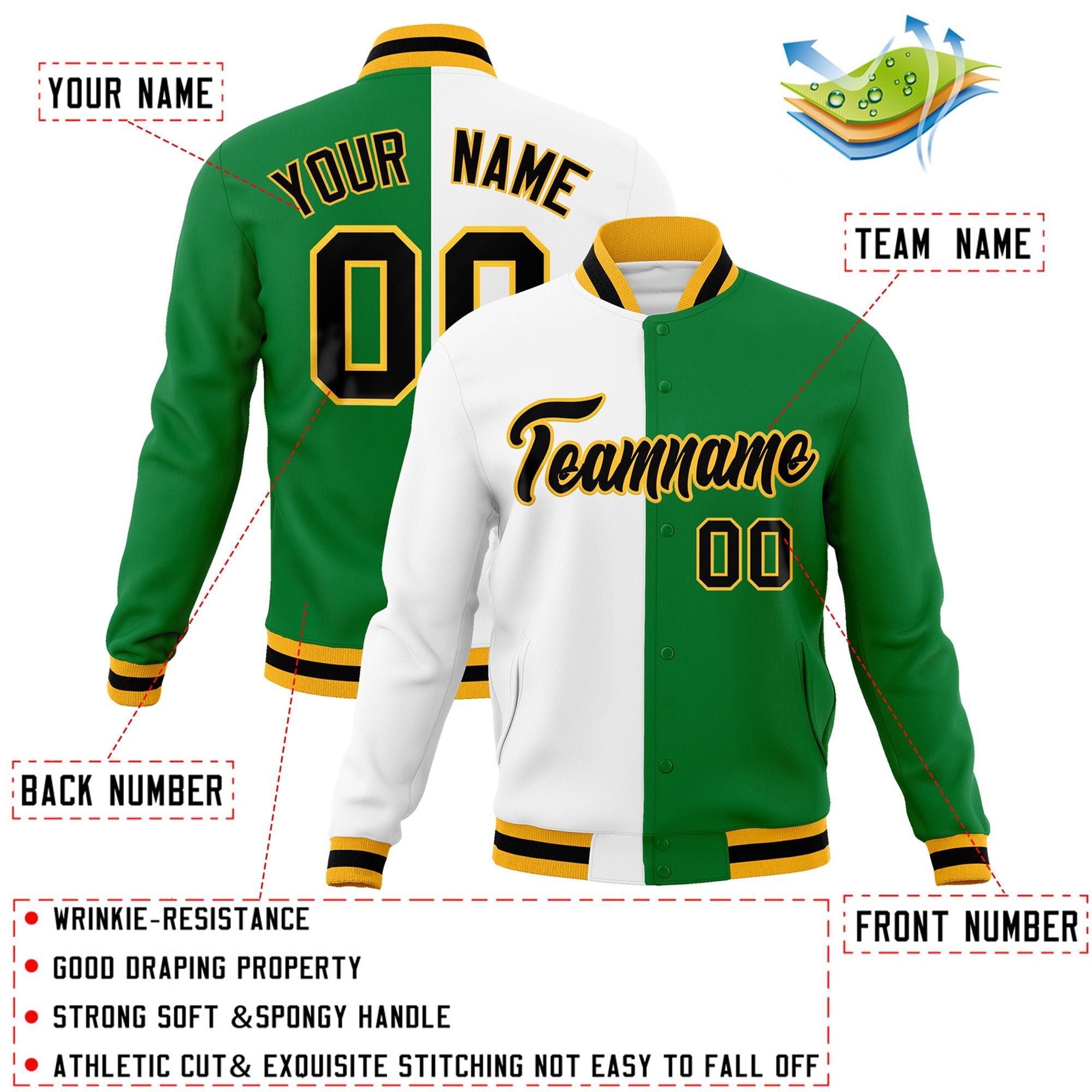 Veste de mode fendue bicolore personnalisée blanc vert-noir Varsity Full-Snap Letterman