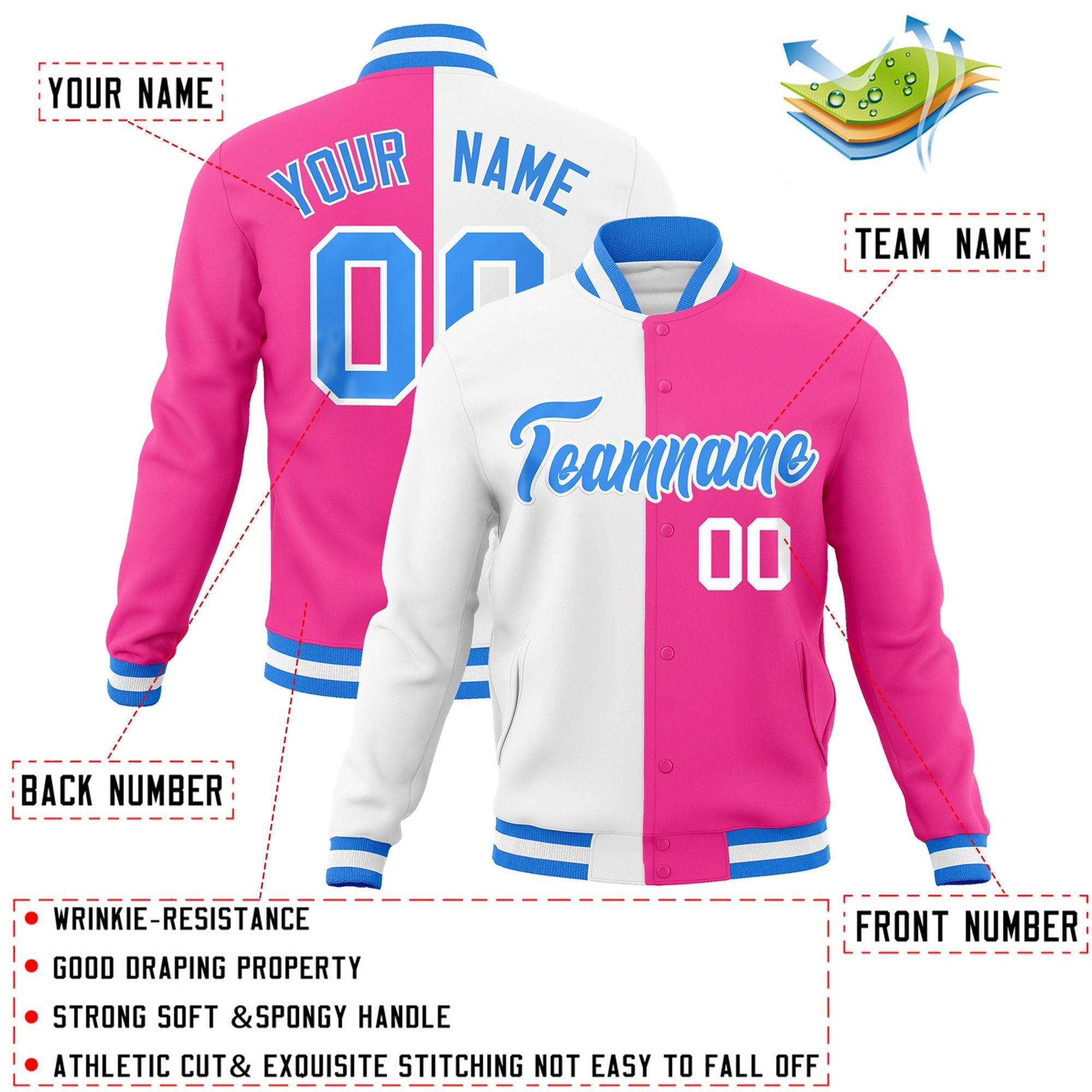 Custom White Pink-Powder Blue Varsity Full-Snap Letterman Two Tone Split Fashion Jacket