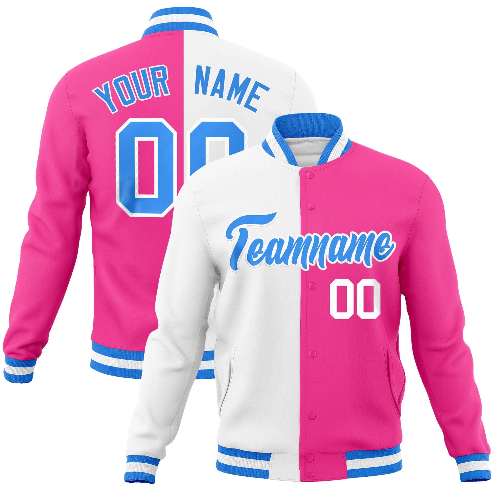 Custom White Pink-Powder Blue Varsity Full-Snap Letterman Two Tone Split Fashion Jacket