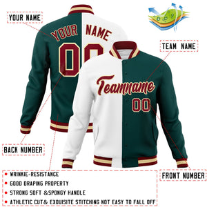 Custom White Midnight Green-Crimson Varsity Full-Snap Letterman Two Tone Split Fashion Jacket