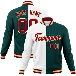 Custom White Midnight Green-Crimson Varsity Full-Snap Letterman Two Tone Split Fashion Jacket