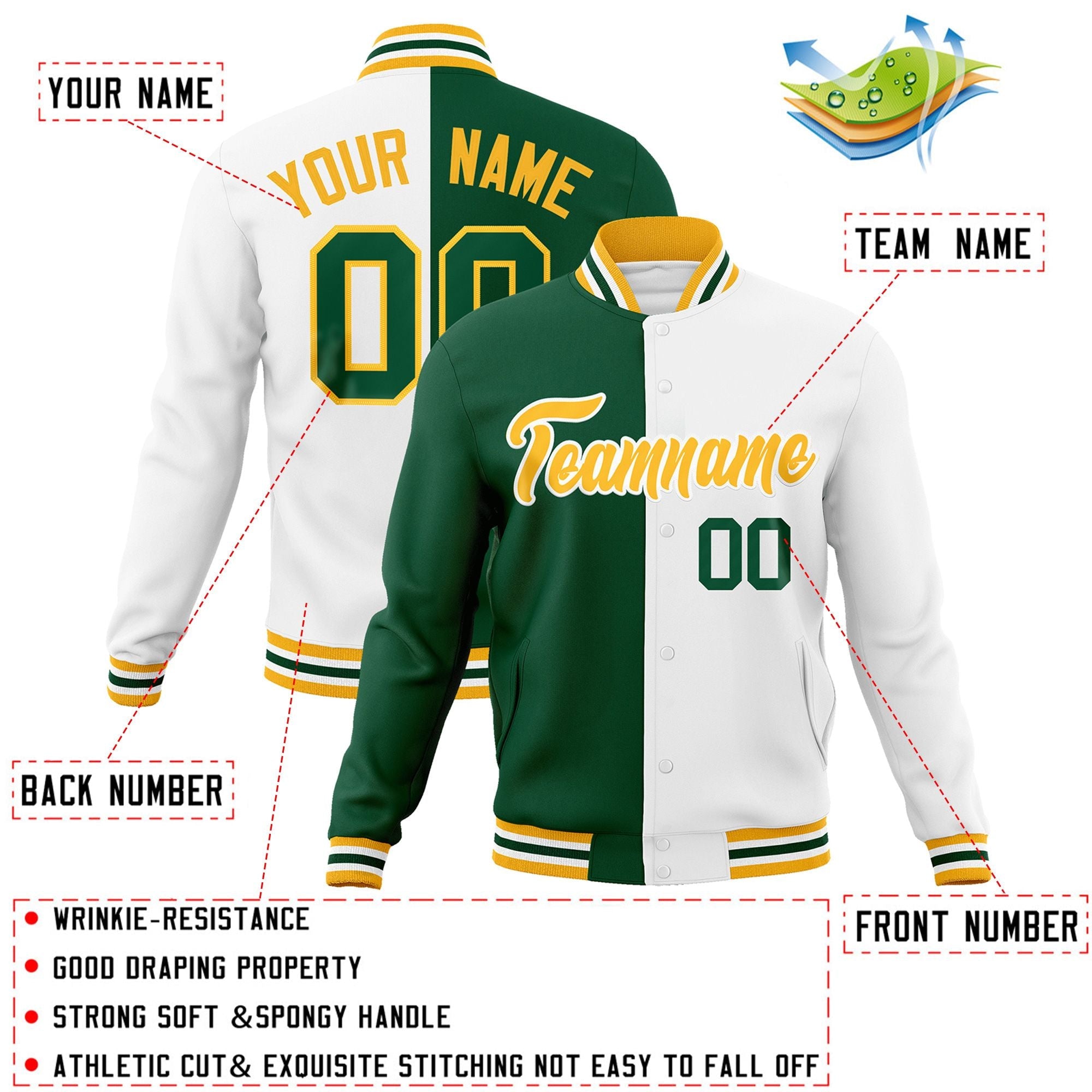 Custom Green White-Gold Varsity Full-Snap Letterman Two Tone Split Fashion Jacket