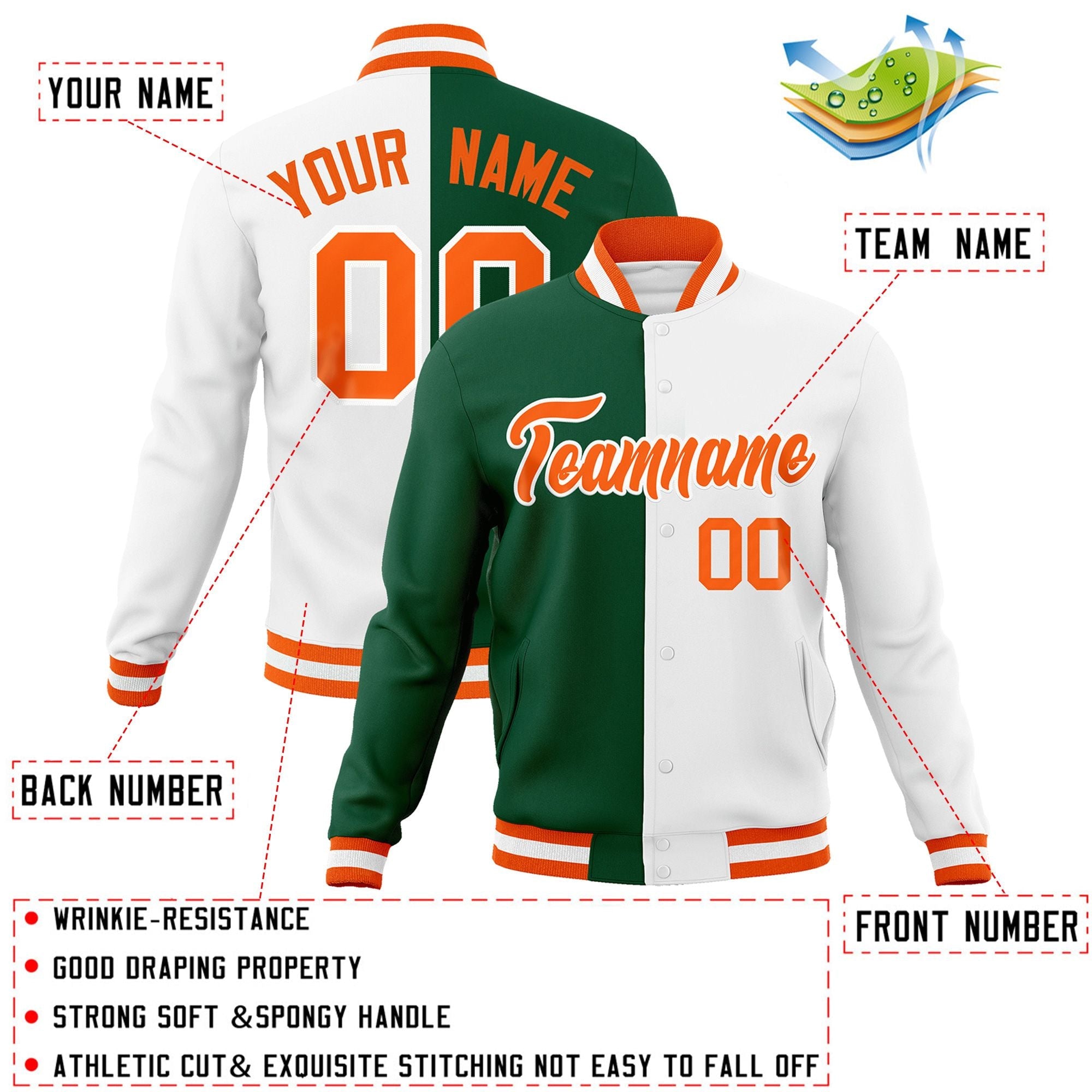 Veste de mode fendue bicolore personnalisée vert blanc-orange Varsity Full-Snap Letterman