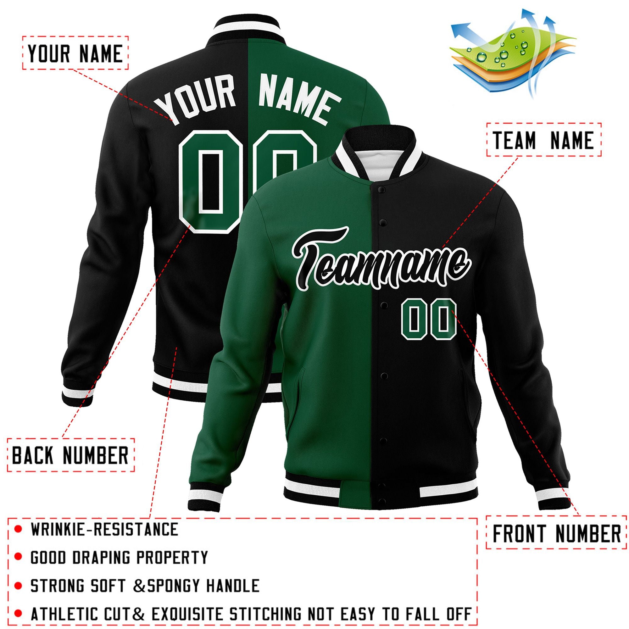 Veste de mode fendue bicolore personnalisée vert noir-noir Varsity Letterman