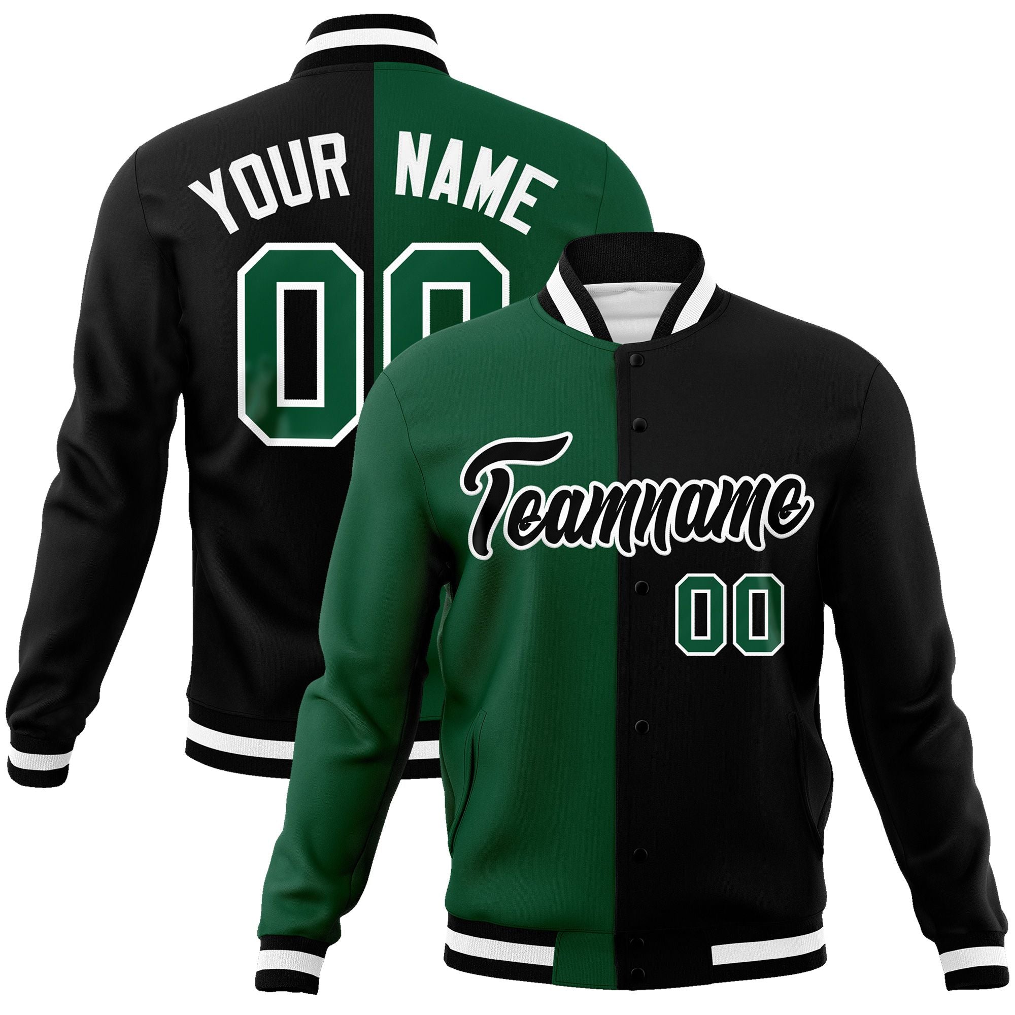 Custom Green Black-Black Varsity Full-Snap Letterman Two Tone Split Fashion Jacket