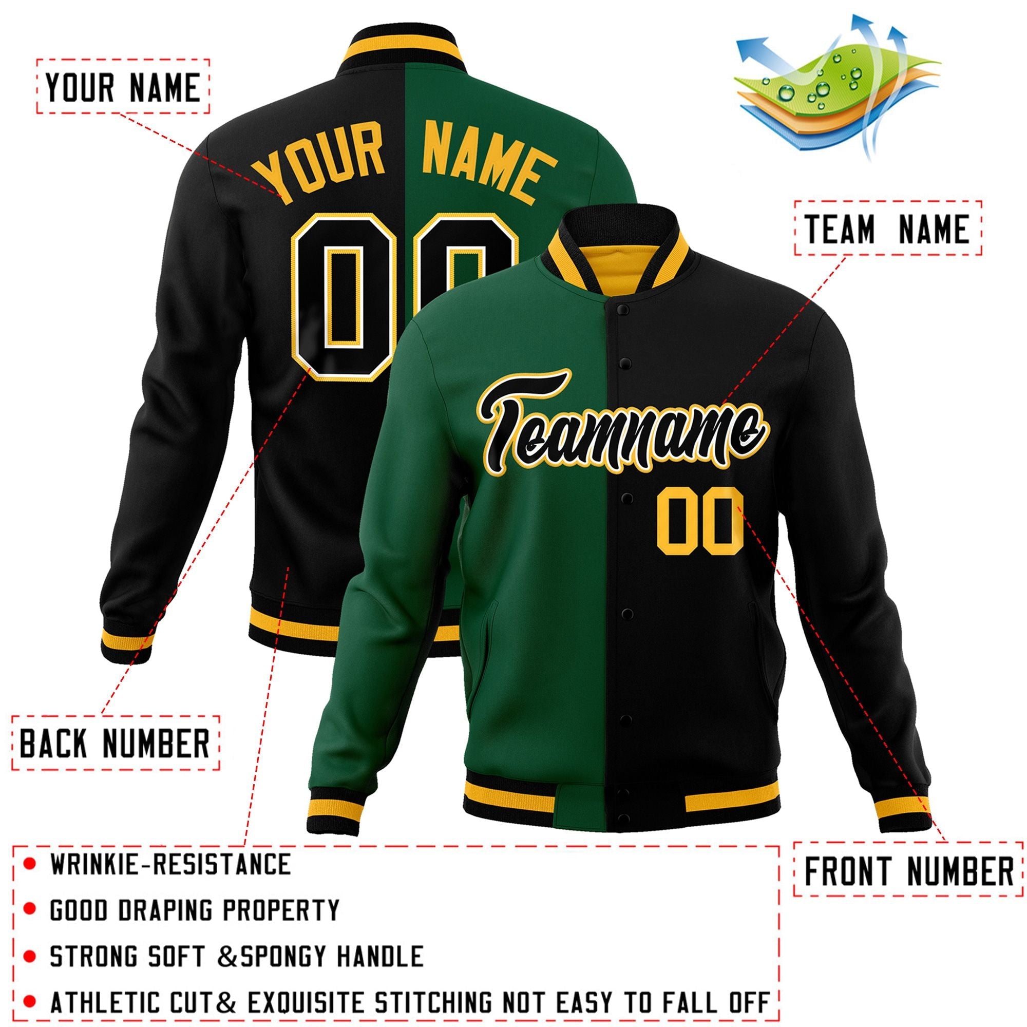 Veste de mode fendue bicolore personnalisée vert noir-noir Varsity Letterman