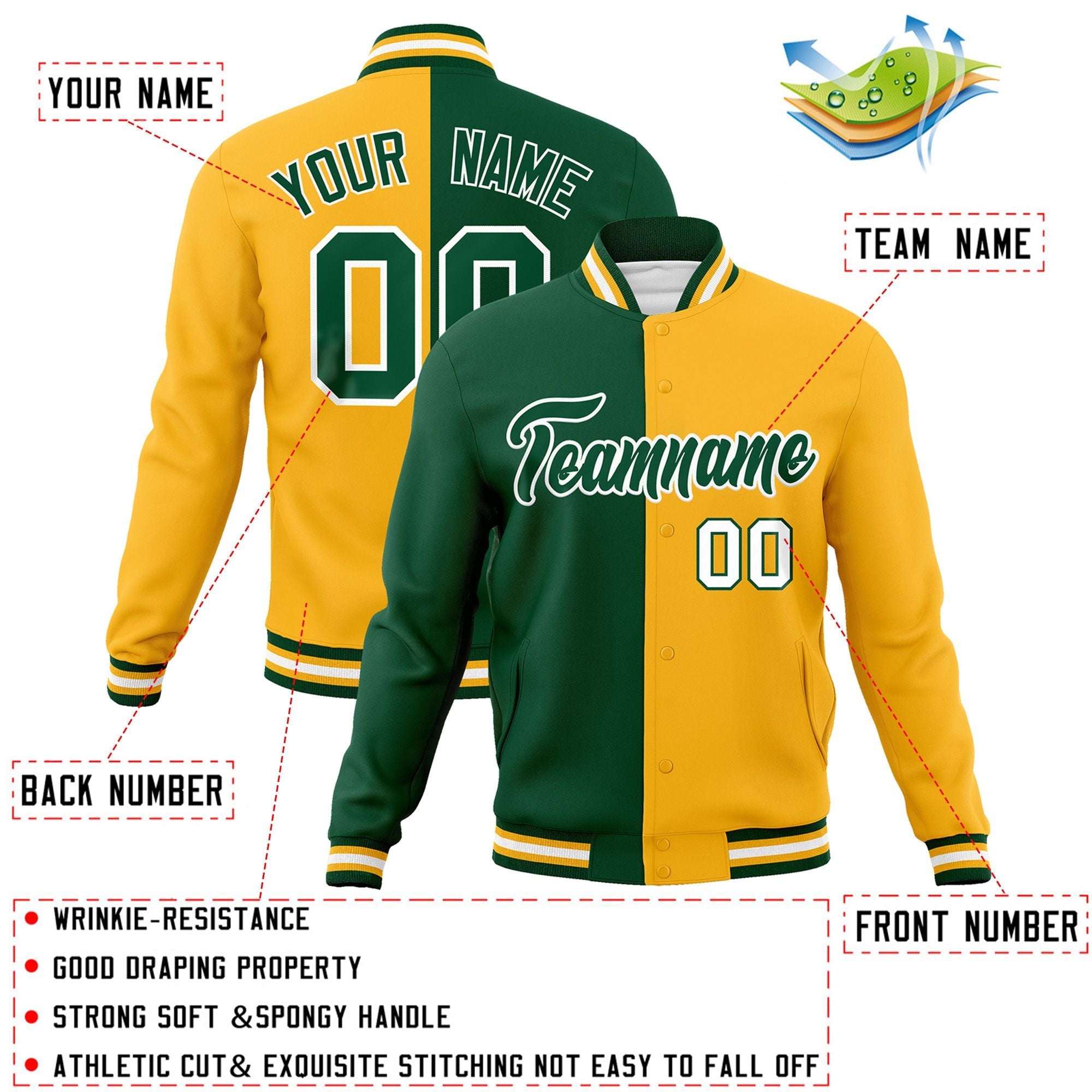 Custom Green Yellow-Green Varsity Full-Snap Letterman Two Tone Split Fashion Jacket