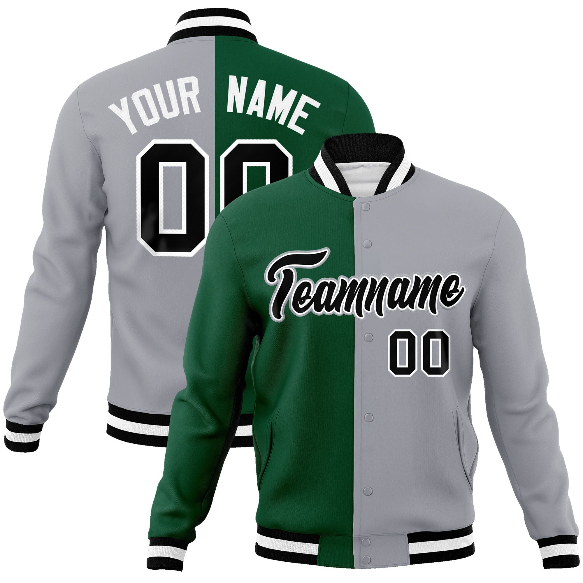 Custom Green Gray-Black Varsity Full-Snap Letterman Two Tone Split Fashion Jacket