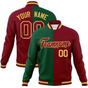 Custom Green Crimson-Crimson Varsity Full-Snap Letterman Two Tone Split Fashion Jacket