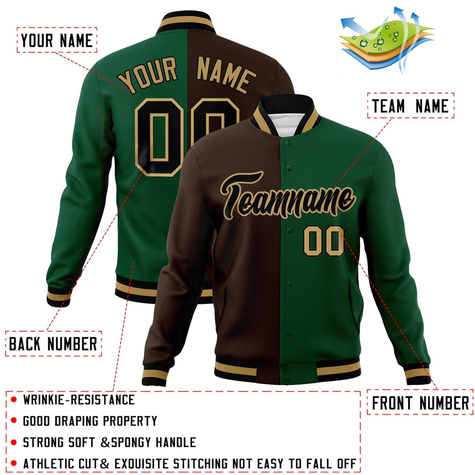 Veste de mode fendue bicolore personnalisée marron vert-noir Varsity Full-Snap Letterman