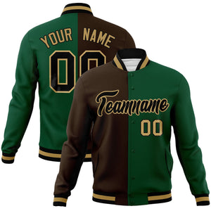 Veste de mode fendue bicolore personnalisée marron vert-noir Varsity Full-Snap Letterman