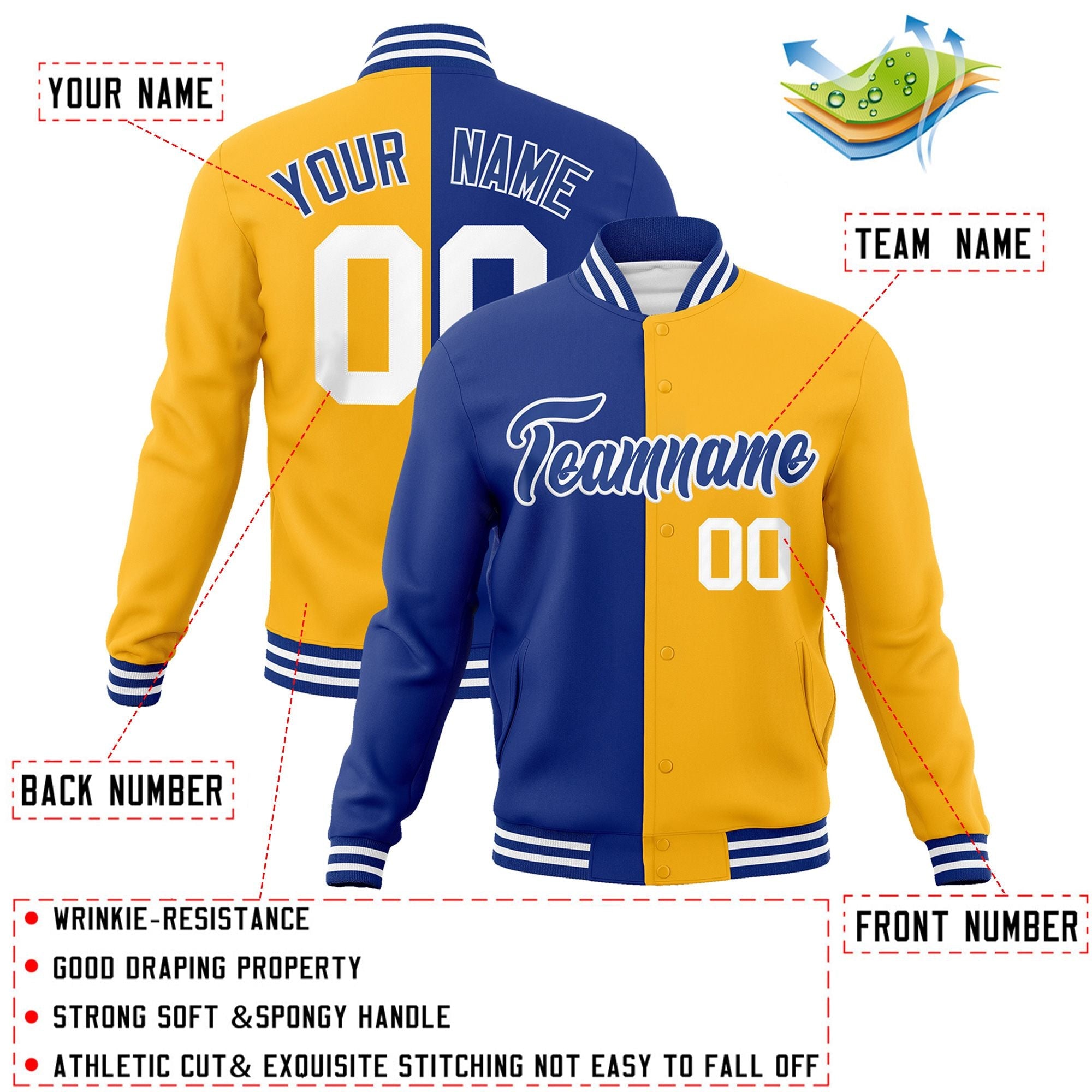 Veste de mode fendue bicolore personnalisée Royal Yellow-Royal Varsity Full-Snap Letterman