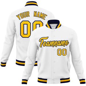 Custom White Gold-Navy Classic Style Varsity Full-Snap Letterman Jacket