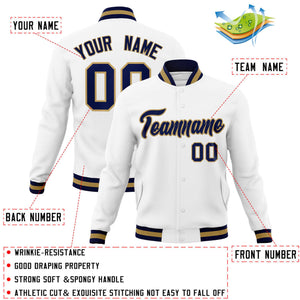 Custom White Navy-Old Gold Classic Style Varsity Full-Snap Letterman Jacket