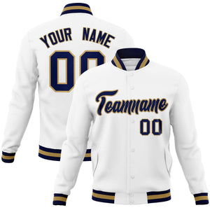 Custom White Navy-Old Gold Classic Style Varsity Full-Snap Letterman Jacket