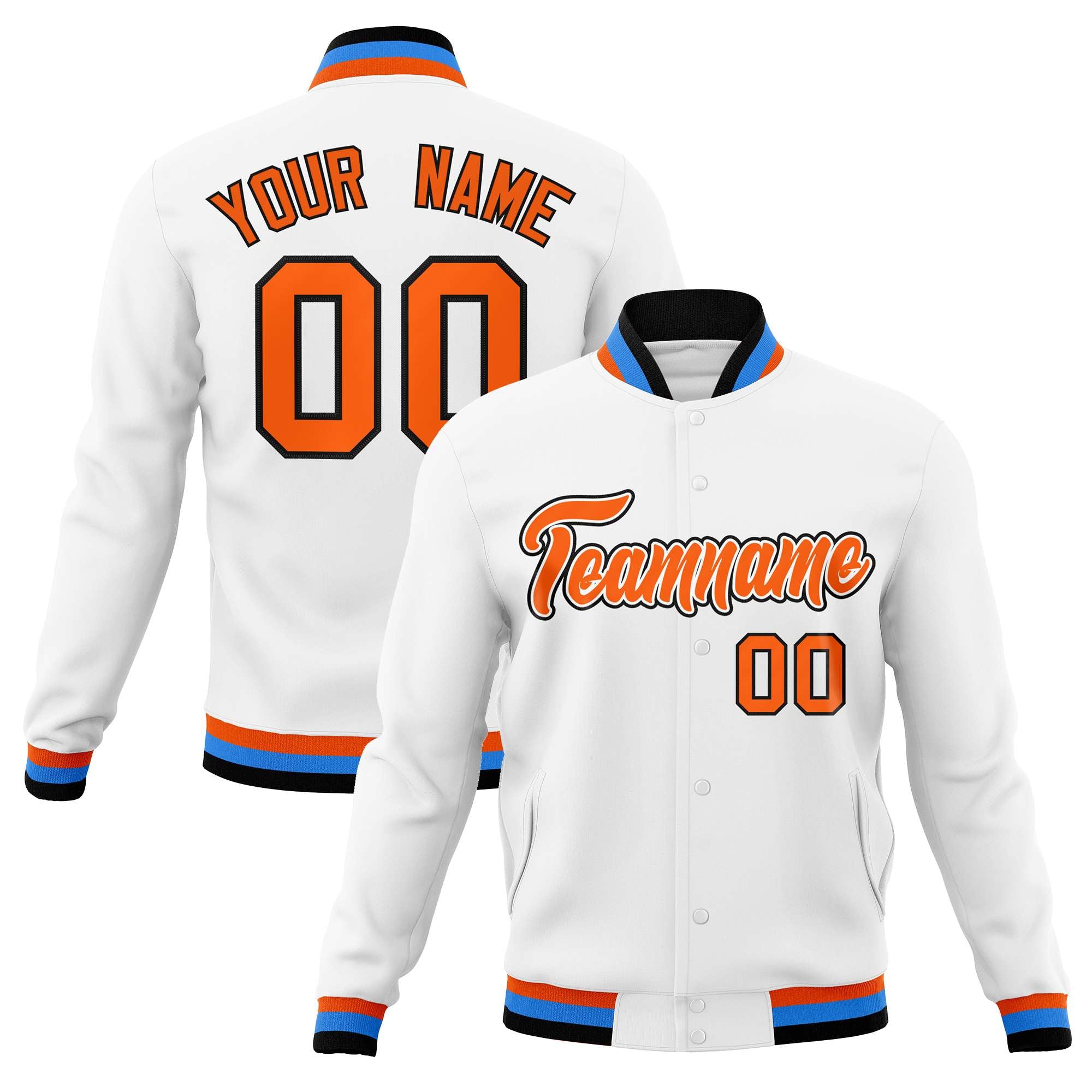 Custom White Orange-Black Classic Style Varsity Full-Snap Letterman Jacket