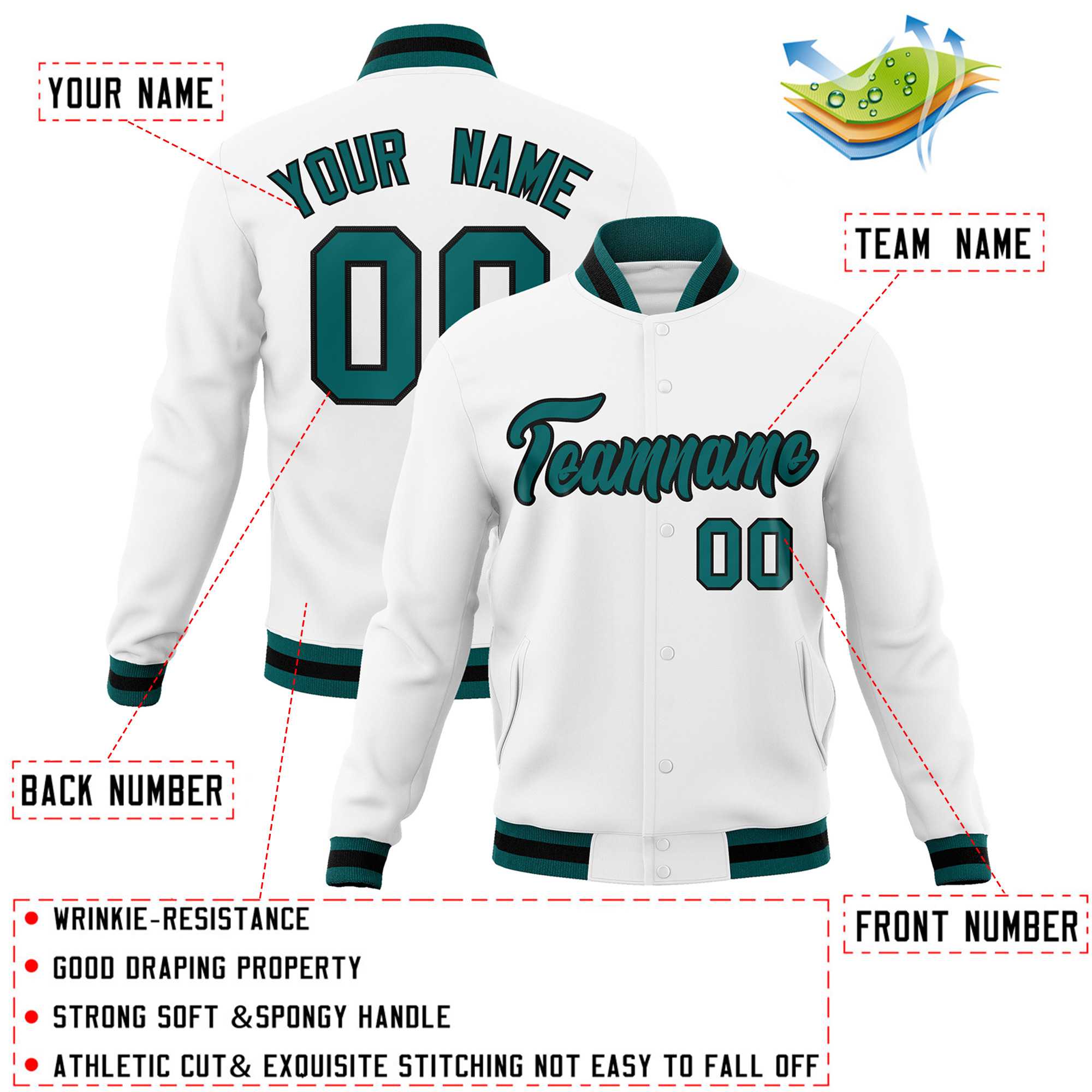 Custom White Aqua-Black Classic Style Varsity Full-Snap Letterman Jacket