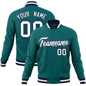 Custom Aqua White-Navy Classic Style Varsity Full-Snap Letterman Jacket