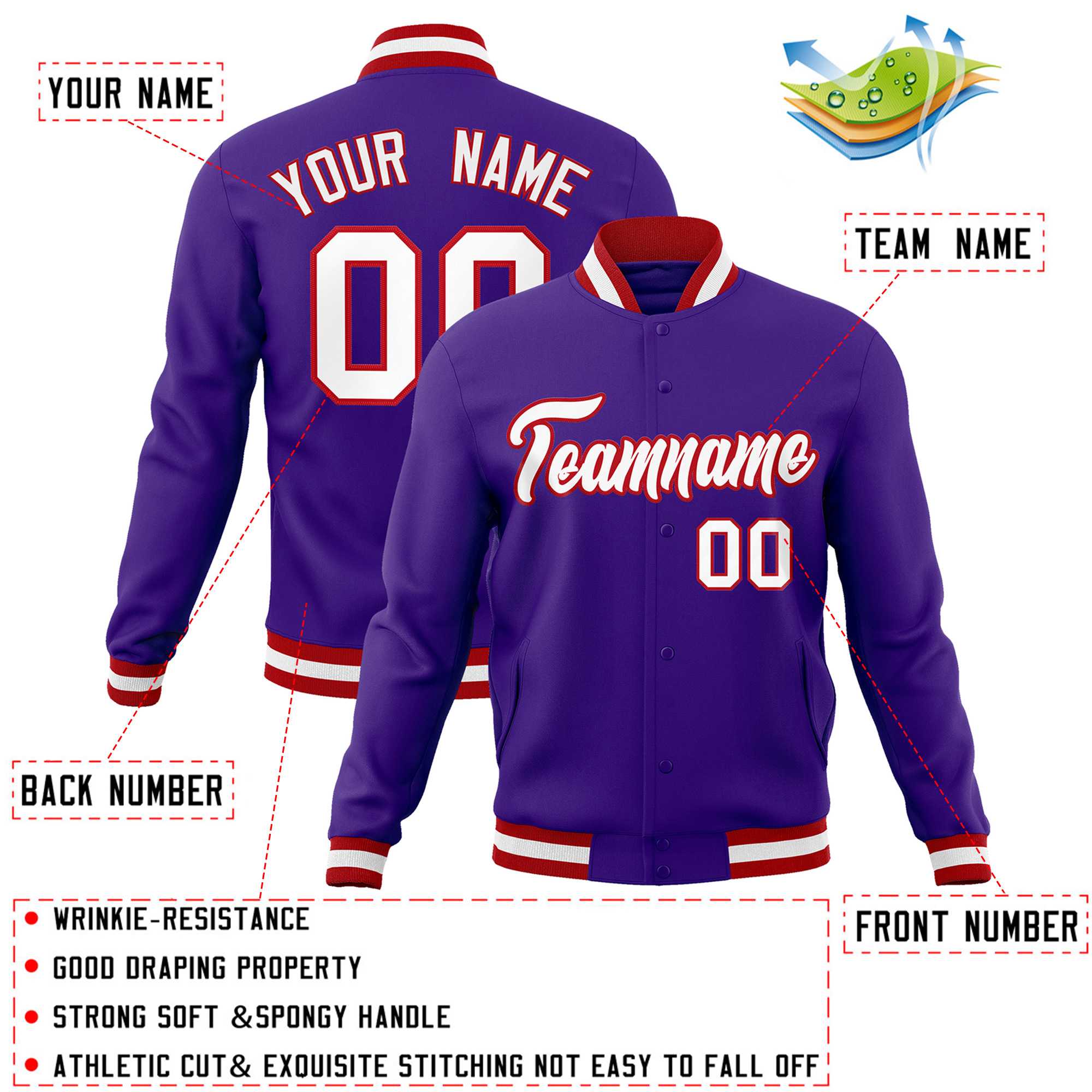 Custom Purple White-Red Classic Style Varsity Full-Snap Letterman Jacket